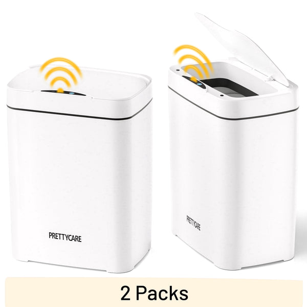 PrettyCare 2 Packs 3.6 Gal Automatic Bathroom Trash Cans with Lid Touchless Small Bedroom Plastic Garbage Can White GC01